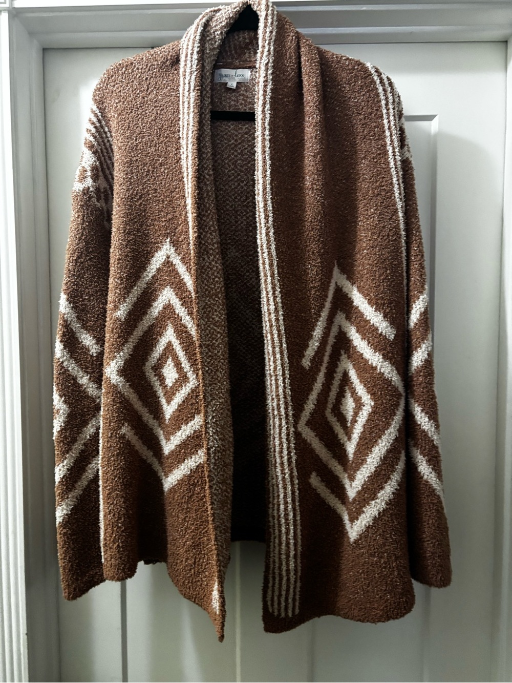 Grace & Lace Brown and Cream Geometric Open-Front Cardigan Cozy